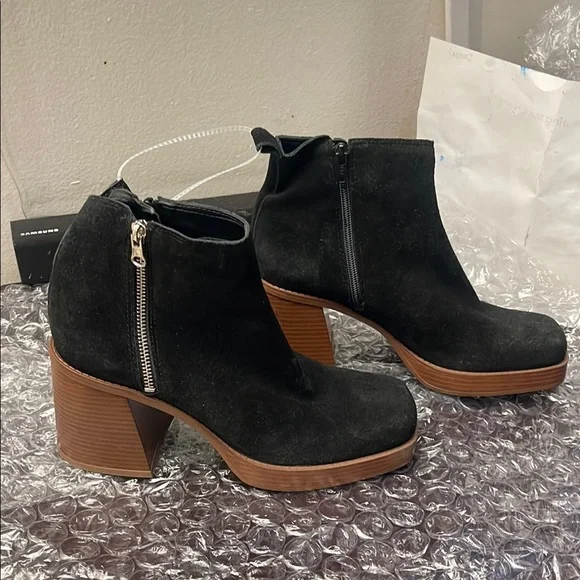 Black Suede Ankle Boots with Chunky Wooden Heel - Picture 4 of 6
